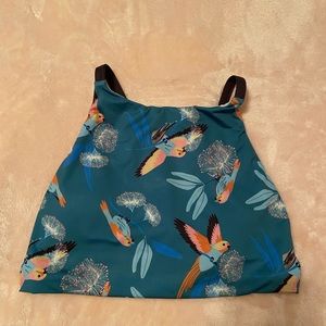 Green/blue Patagonia swimsuit top w/ bird pattern